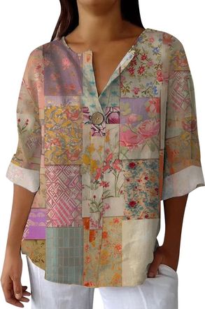 Generic Summer Womens Cotton Linen Loose Blouse Tops Ladies T-Shirts Leopard Printed Button Summer Tee Clearance Ladies Fashion Printed Single Button Long Sle