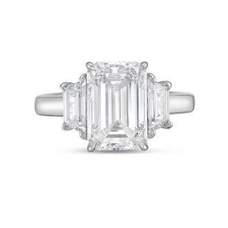 Diana M. Jewels Platinum lab grown 12ct emerald diamond ring with trapezoids on the sides