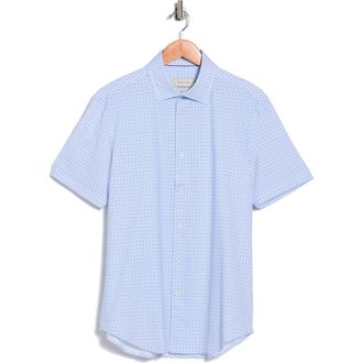 Bugatchi Micro Dot Print Stretch Cotton Short Sleeve Button-Up Shirt in White/blue at Nordstrom Rack, Size Xxx-Large