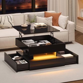 Matteo Black High-Gloss Lift-Top Coffee Table with LED & Storage Drawers