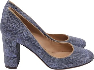 Ferragamo Two Tone Lizard Embossed Block Heel Pumps in Blue Leather