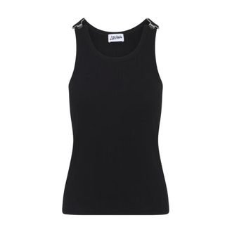 Jean Paul Gaultier Sleeveless Tops, female, Black, Size: XS Overall Buckles Ribbed Tank Top