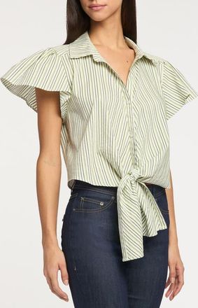 Cinq &agrave; Sept Sophie Stripe Flutter Sleeve Maria Shirt in Ivory/Lime at Nordstrom, Size Xx-Small