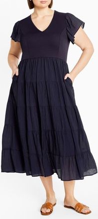 City Chic Marli Mixed Media Midi Dress in Navy at Nordstrom, Size Xxs