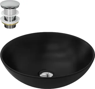 ML Design Lavabo para baño de cerámica negra redondo con juego de drenaje