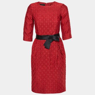 Carolina Herrera Red Floral Jacquard Belted Mini Dress
