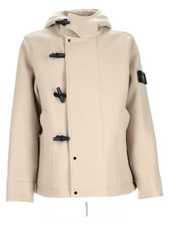 Stone Island Structured Beige Wool Blend Jacket With Hood And Toggle Closures