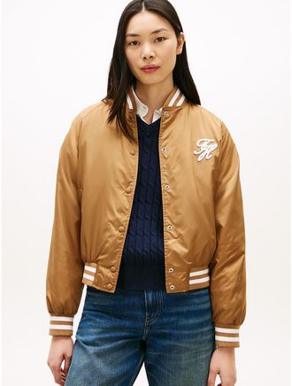 Tommy Hilfiger Womens Water-Repellent Varsity Bomber Jacket - Brown - M