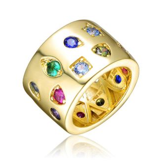 Rachel Glauber 14k Gold Plated with Multi Colored Cubic Zirconia Wide Band Ring