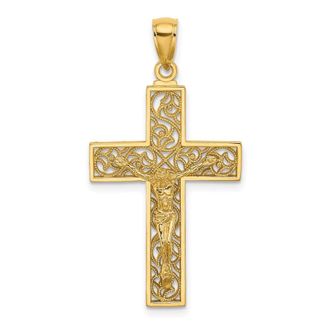 Diamond2Deal 14k Yellow Gold Textured Swirl Design Crucifix Charm Pendant