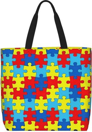 Generic Women Handbag Color Puzzle Autistic Disorder Pattern Women Tote Bag Waterproof Reusable Shopping Bags, For Christmas, Wedding, Swim, Holiday, Gym