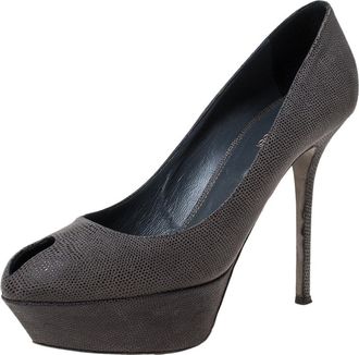 Sergio Rossi Grey Textured Suede Peep Toe Platform Pumps