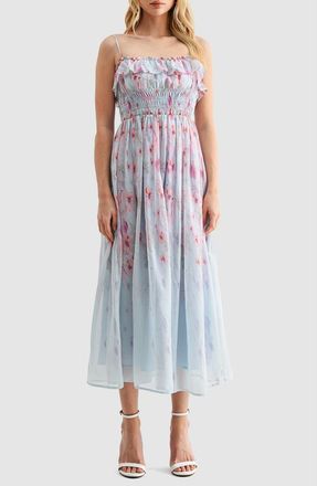 Lush Ruffle Smocked Midi Dress in Blue Floral at Nordstrom Rack, Size X-Large