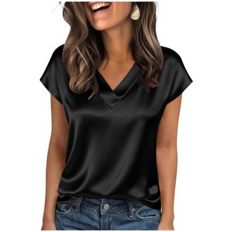 Generic Satin T Shirt V Neck Silk Satin Short Sleeve Silk Blouse Summer Casual Office Work Shirt Classy Casual Outfits Ladies Top Blouses Ladies Tops for Part