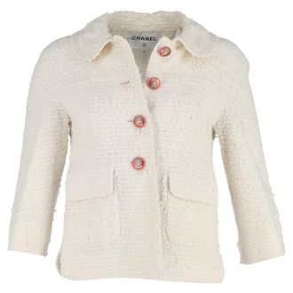 Chanel Chanel Ronde Kraag Enkele Knopen Blazer in Witte Tweed Katoen
