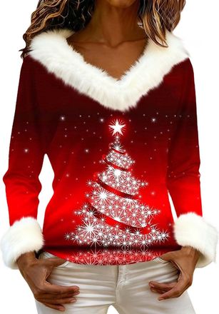 Generic Christmas Sweatshirts for Women Faux Fur Trim Plush V Neck Funny Xmas Tops Novelty Santa Claus Wine Glass Graphic Pullover Shirt (Z05-Xmas 07, XXL)