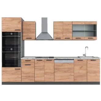 Vicco Cucina componibile R-Line, Quercia dorata/antracite, 300 cm con armadio alto, pl Marmo