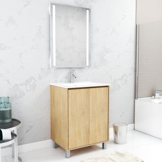 Aurlane Aurlane - Pack Mueble De Ba&ntilde;o 60cm Roble Claro 2 Puertas, Lavabo, Espejo 60x80 Con Luz Led Integrada