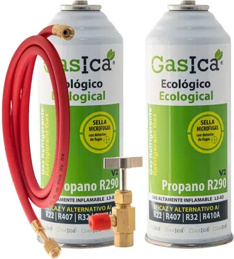 OEM Pack 2 Envases Refrigerante Ecol&oacute;gico Sustituto R22 R407c R410a R32 Kit Con Manguera Gas Org&aacute;nico De Alta Eficiencia
