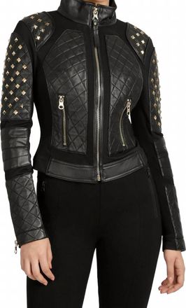 Blanc Noir Pyramid Stud Mesh Genuine Leather Moto Jacket In Black