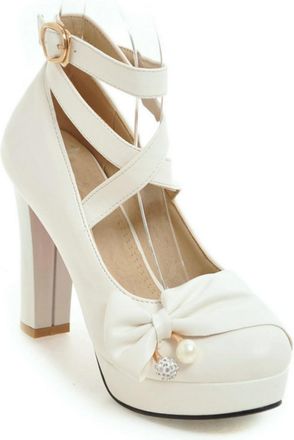 Generic Womens Bow & Pearl Platform Heels Lolita Shoes Cross Ankle Strap Block Heel Party Pumps,White,5.5 UK