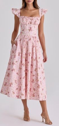 House of CB Livia Pink Rose Stretch Cotton Midi Dress in Pink Vintage at Nordstrom, Size X-Small
