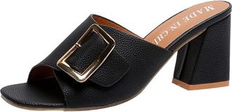 Generic Chunky Heel Sandals For Women Solid Color Leather Sandals Buckle Embellished Sandal Fashion Open Toe Sandal Sexy Fish Mouth Shoes Sturdy Grip Square H