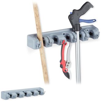 Relaxdays 10x Porta Scopa & Attrezzi, 5 Posti e 6 Ganci, Appendini da Esterno & Interno Universali, a Muro,40 cm, PP, grigio
