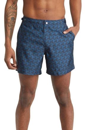 Prince & Bond Elvio Print Hybrid Swim Trunks in Navy at Nordstrom, Size 32