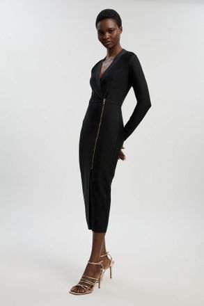 Karen Millen Womens Petite Figure Form Bandage Asymmetric Zip Detail Midi Dress - Black - Size 10 UK