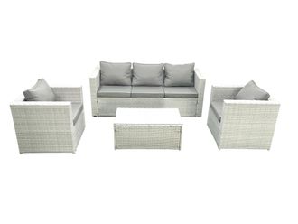 Fimous Rattan Garden Furniture Set with 3 Seater Sofa 2 Chair Rectangular Coffee Table Light Grey Mixed 5 Seater