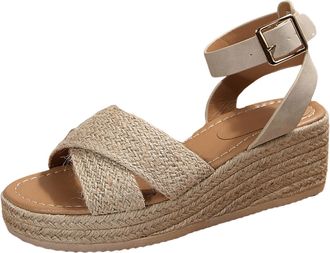 Generic Womens Slide Wedge Sandal Thick Soled Woven Height Increasing Shoes Fashionable And Casual Fish Mouth Strap Women Sandals Bohemian Platform Sandals (K