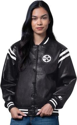 Starter Womens Starter Black Pittsburgh Steelers High Heat Vegan Leather Full-Snap Varsity Jacket at Nordstrom, Size Xx-Large