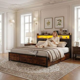 OEM Cama 160x200 Con Almacenamiento - Pocketpop - 4 Cajones - Iluminaci&oacute;n Led - Cabecera Y Somier De Lamas