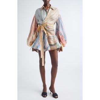 Zimmermann Rebellion Asymmetric Stripe Long Sleeve Linen & Silk Shirtdress in Spliced Stripes at Nordstrom, Size 0P