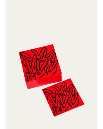 Hunt Slonem Red Rover Lacquered 5-Piece Coaster Box Set