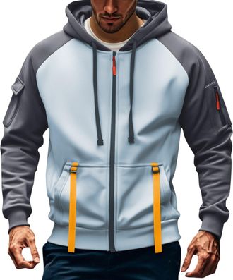 Generic MenS New Retro Color Blocking Ribbon Zipper Solid Color Sports And Leisure Cardigan Sweatshirt Top Grey