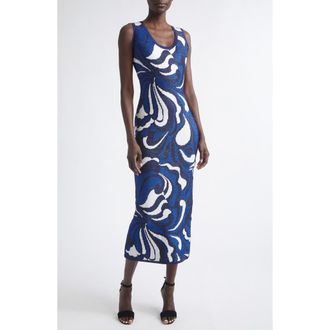 St. John Lynn Metallic Scroll Jacquard Sweater Dress in Midnight/cobalt Metallic at Nordstrom, Size X-Large
