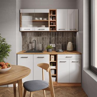 Vicco Cocina Para Solteros R-line, Blanco Brillo Intenso/roble Dorado, 160 Cm Sin Encimera