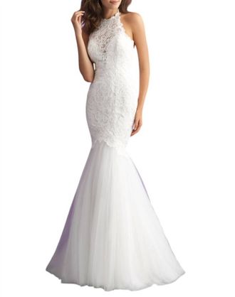Allure Bridals Lace Halter Mermaid Gown With Low Back In Ivory/ivory