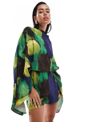 Asos batwing overlay romper in abstract print-Multi