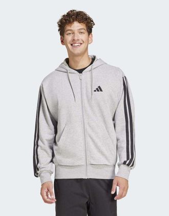 adidas Essentials - Felpa con cappuccio in French Terry grigio m&eacute;lange e nero con 3 strisce