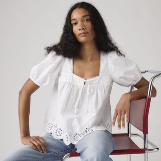 Levi's Darling Short Sleeve Cutwork Blouse - Womens - XS - White