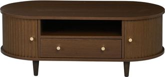Urban Meuble Mesa de centro oval vintage efecto nogal con caj&oacute;n y puerta corredera