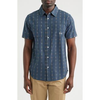 Dark Seas Gildale Textured Stripe Short Sleeve Cotton Snap-Up Shirt in Storm at Nordstrom, Size X-Large