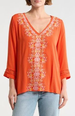Forgotten Grace Embroidered V-Neck Top in Coral/Tigerlily at Nordstrom Rack, Size X-Large