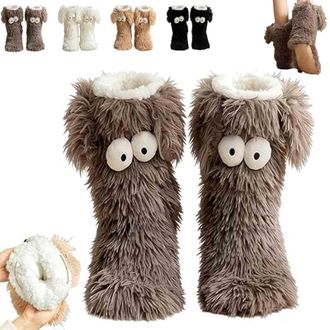 Generic Cozy Socks for Women, Winter Warm Fuzzy Non-Slip Slipper Socks with Cute Big Eyes, Thick Plush Winter Home Socks, Soft Warm Floor Socks (Gray)