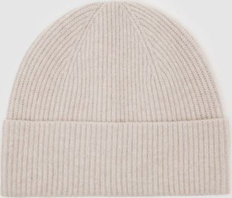 Reiss Light Oatmeal Melange Merino Wool Rib-knit Beanie