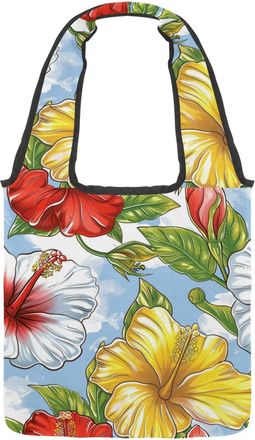 Generic Plumeria Hibiscus Flower Reversible Canvas Shoulder Tote - Double-Sided Print, 12oz Cotton, 27cm Drop, Fold-Flat Bag for Travel, Shopping, Street Outi