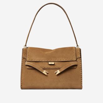 Tory Burch Womens Large Suede Bag With Top Handle Light Brown Leather Shoulder